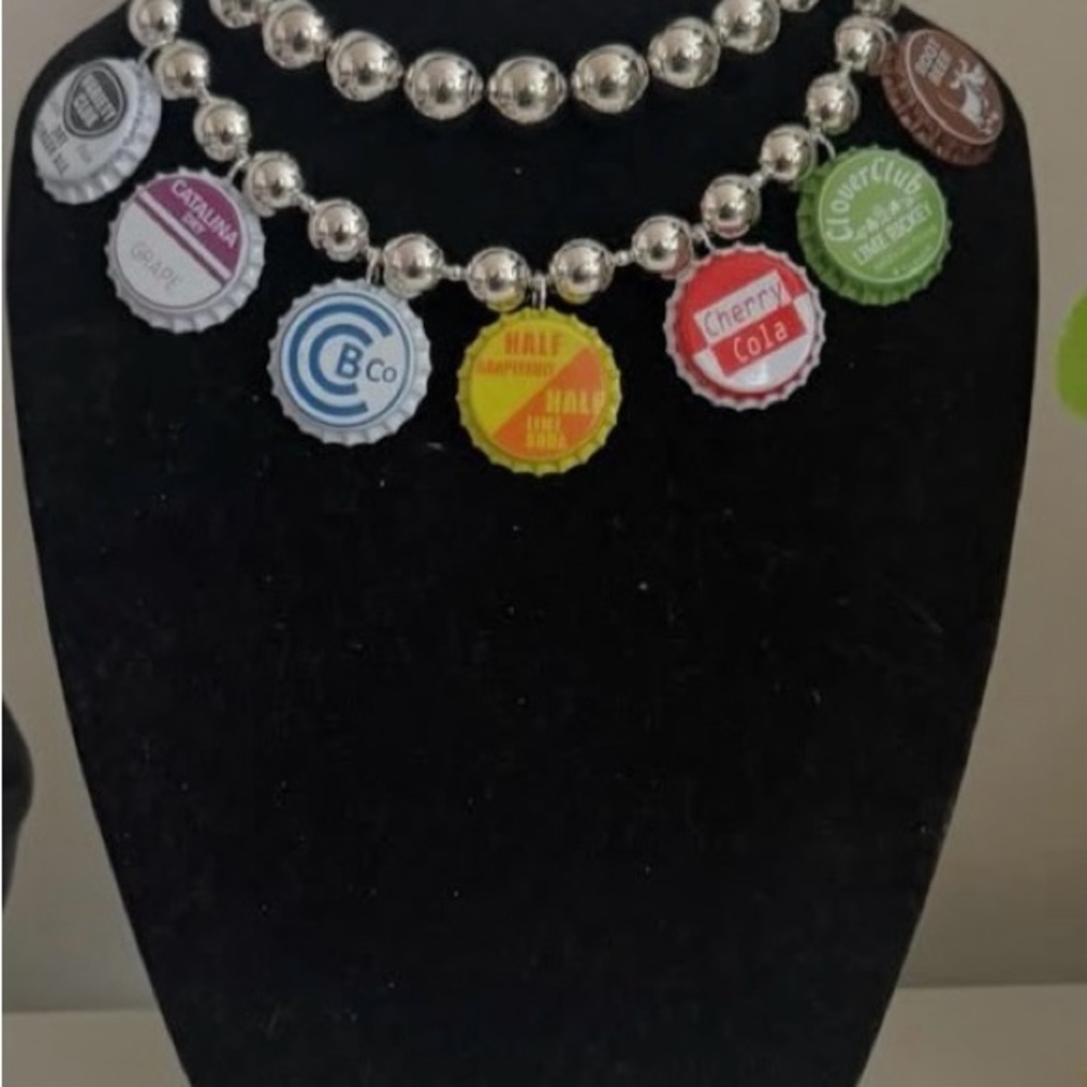 Silver Beaded Necklace with Colorful Bottle Cap Charms